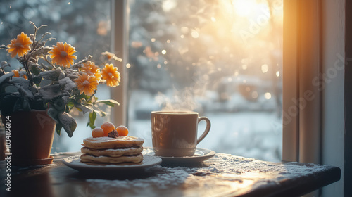 cozy winter morning scene with pancakes, coffee, and warm sunlight entering through the window