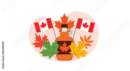 Canadian Maple Syrup Bottle with Flags and Leaves.