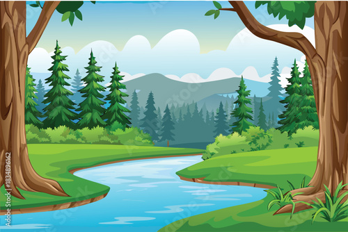 a serene landscape with a winding river flowing through a lush forest