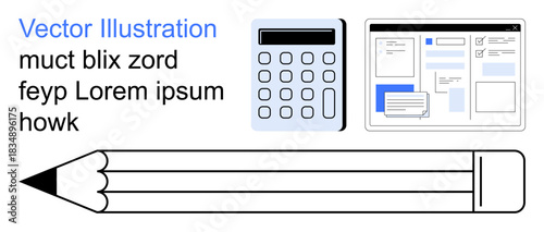 Education, learning tools, office supplies, online work, creativity, technology integration. Pencil, calculator and screen interface visuals. Education and learning tools concept