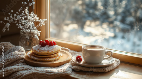 cozy winter morning scene with pancakes, coffee, and warm sunlight entering through the window