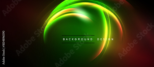 Abstract neon lights form circular shapes. Vibrant green dominates, blending into orange, yellow hues. Dark background enhances luminosity.