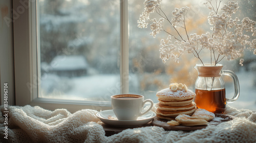 cozy winter morning scene with pancakes, coffee, and warm sunlight entering through the window