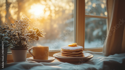 cozy winter morning scene with pancakes, coffee, and warm sunlight entering through the window