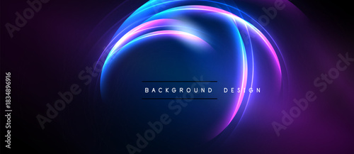 Abstract neon circles overlap, creating vibrant blue, purple glow. Dark background emphasizes luminous design elements.