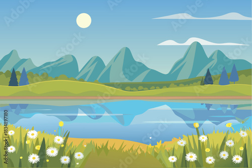 a bright sun shines over a calm lake and green mountain landscape