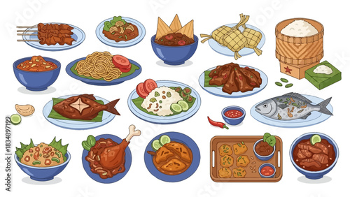 Assorted Traditional Indonesian Foods on a Table Including Sate, Mie Ayam, Opor Ayam, Ketupat, Nasi Goreng, Ikan Bakar, Bakso, Rendang, Mie Goreng, Ayam Bakar, Lele Goreng, and Rice in a Wove