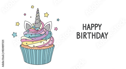 Unicorn cupcake birthday greeting with colorful frosting and stars.
