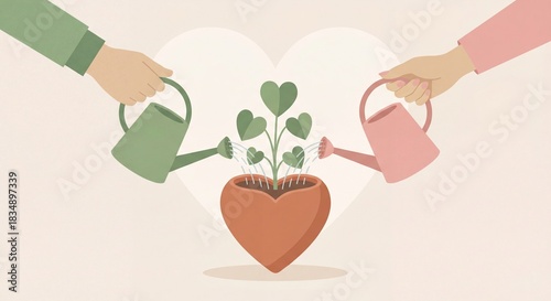 Vector illustration of two hands watering a heart-shaped plant, symbolizing nurturing a relationship, care, and commitment
