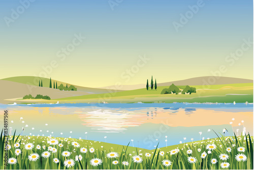 A serene landscape featuring a calm lake rolling hills and wildflowers high quality