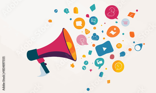 Megaphone broadcasting social media icons for digital marketing and announcement