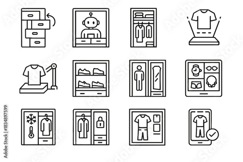 Vector secure wardrobe booth holographic system virtual shelves icon ai smart clothing