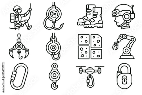 Vector robotic icons hook sensor climber robot icon panels device mechanism mountaineer