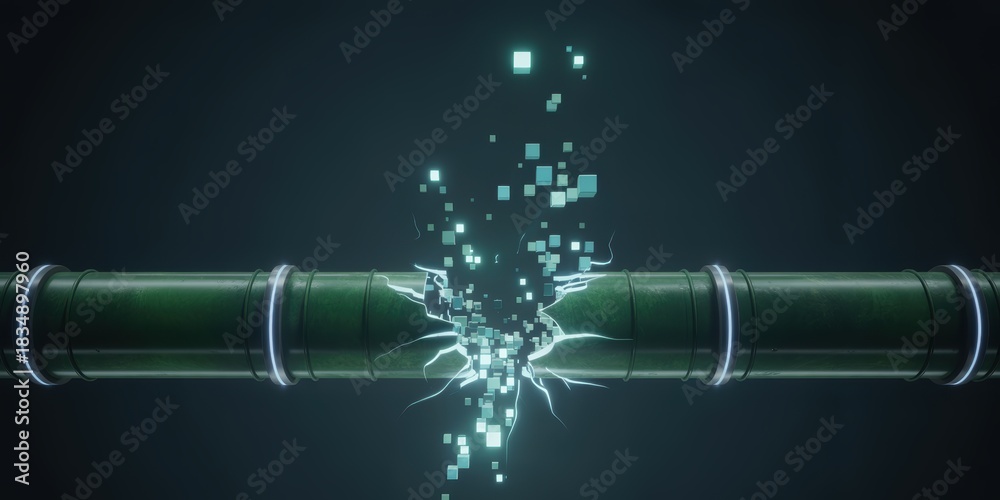 Fototapeta premium Green pipeline rupture revealing glowing digital data fragments and energy leakage