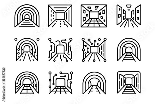 Streams holographic tunnel icons circuit digital panels augmented vector pathway cyber neon