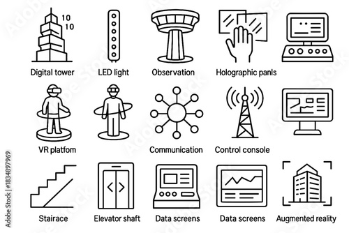 Icon shaft elevator console virtual vector holographic data tower sensor staircases icons