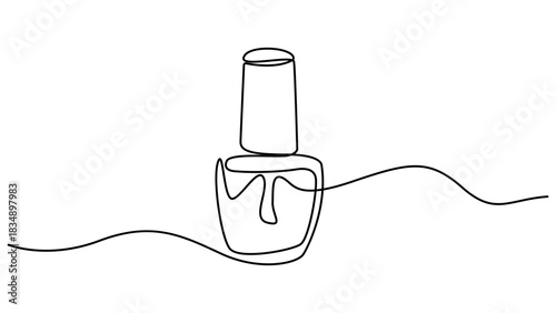 Bottle of nail polish as one line drawing banner. Banner and business card. Continuous hand drawn minimalist minimalism design isolated on white background. Nail varnish vector illustration.