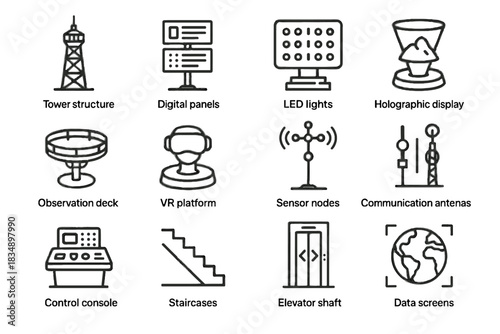 Virtual data observation vr vector console icon structure tower display icons digital