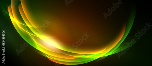 Abstract design features vibrant curves, gradients. Colors blend from green to orange, yellow. Dark background emphasizes luminosity.