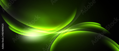 Abstract green waves, luminous center. Smooth gradients create dynamic visual effect. Dark background emphasizes bright shapes.