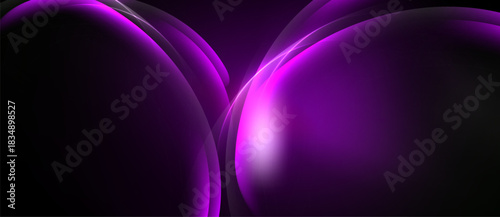 Abstract purple shapes overlap, creating luminous curves. Dark background emphasizes bright central glow, smooth gradients present.