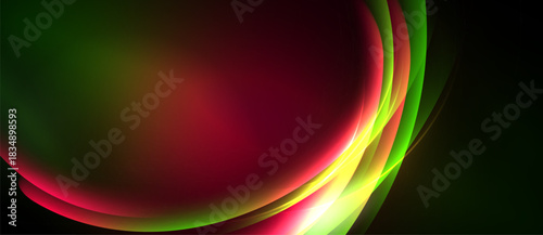 Abstract design features flowing curves, vibrant colors. Red, green, yellow blend creating dynamic visual effect. Smooth gradients dominate composition.