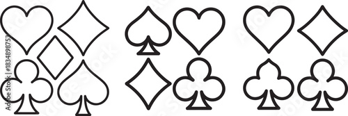Set of Playing Card Suits Line Art Illustration, Coloring Book Page Line Art Drawing