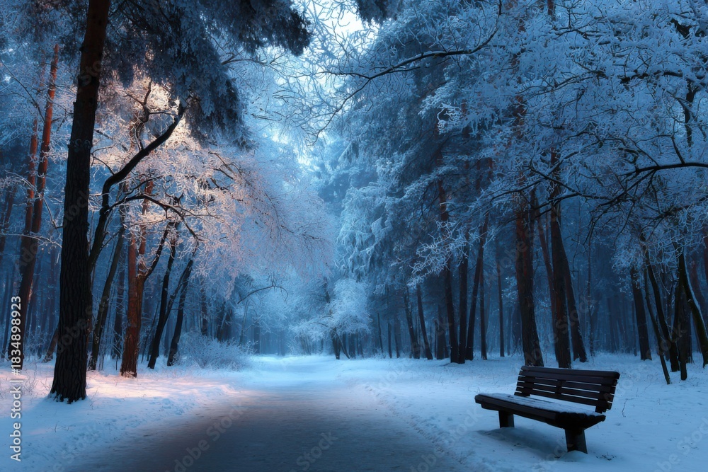 Obraz premium Winter park scenery showcasing serene snow-covered trees and a peaceful bench under a pale blue sky in a beautiful landscape at dusk