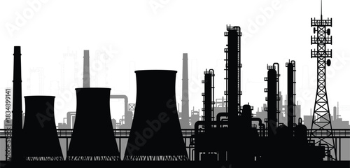 Silhouette of Industrial Factory Complex with Cooling Towers and Communication Tower industry