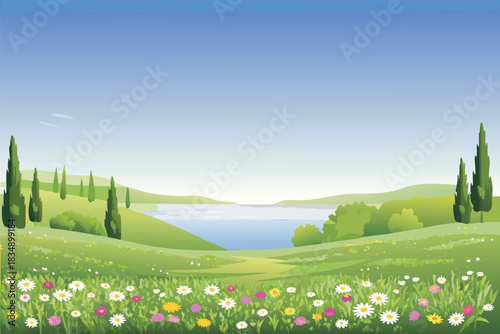 A peaceful landscape featuring a serene lake rolling hills and vibrant wildflowers