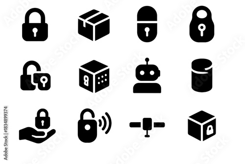 Tiny vector lock parcel security sensor capsule tag sealed pocket icon nano