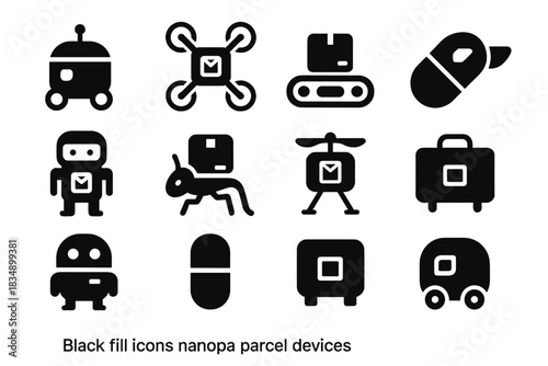Rolling nano drone container robot vector devices icon micro courier bot delivery