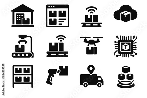 Drone warehouse cloud display icon virtual logistics vector icons conveyor terminal ai