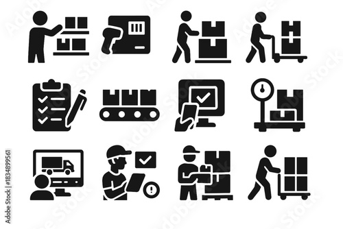 Goods picking inventory vector supply verifying virtual packages sorting orders monitoring icon