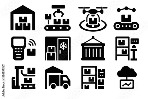 Conveyor inventory storage belt logistics smart panel vector monitor package ai icon