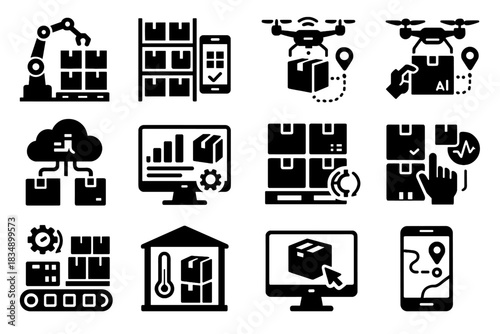Optimization virtual inventory supply sorting interactive stock handling vector interface icons automated