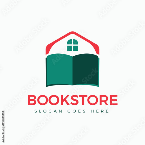 Modern Bookstore Logo with House and Open Book Icon