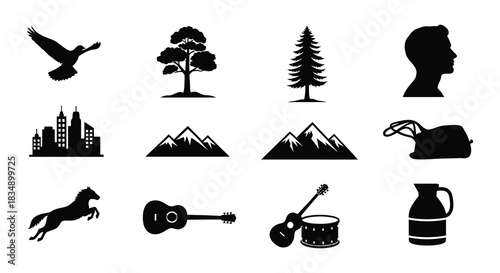 A collection of monochrome icons depicting nature urban scenes and objects