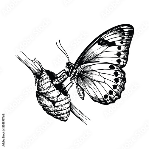 Butterfly Emerging from Cocoon on Branch insect chrysalis