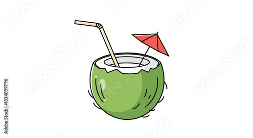Refreshing coconut drink with straw and umbrella for summer.