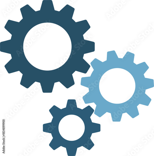 Three interlocking gears in shades of blue and dark blue vector illustration
