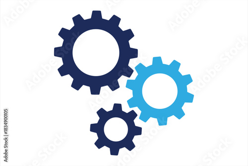 Three interlocking gears in shades of dark blue and bright blue vector illustration