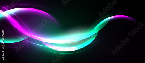 Abstract luminous waves, vibrant colors, flowing shapes. Dark background emphasizes bright energy, modern design.