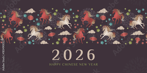 Happy Chinese New Year 2026 design. Horse and lantern seamless border on brown back.Vector traditional motifs illustration for greeting, banner, background