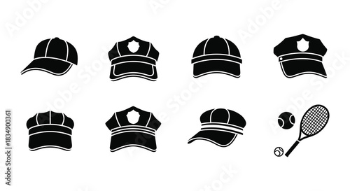Collection of various black and white caps a tennis ball racket and disc