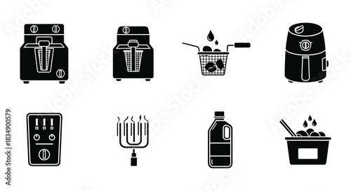 Black silhouette icons depicting kitchen appliances and food items