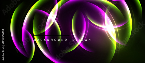 Abstract neon shapes overlap, creating vibrant glowing effect. Dark background emphasizes bright colors, modern design element.