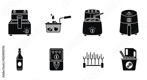 Black silhouette icons depicting kitchen appliances and food items