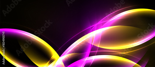 Abstract design features flowing golden, purple lines. Bright illumination contrasts dark background creating dynamic visual effect.