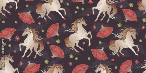 Horse and fan seamless pattern. Symbol of the Lunar New Year 2026 on brown back. Vector background for greeting, textile, wrapping paper
